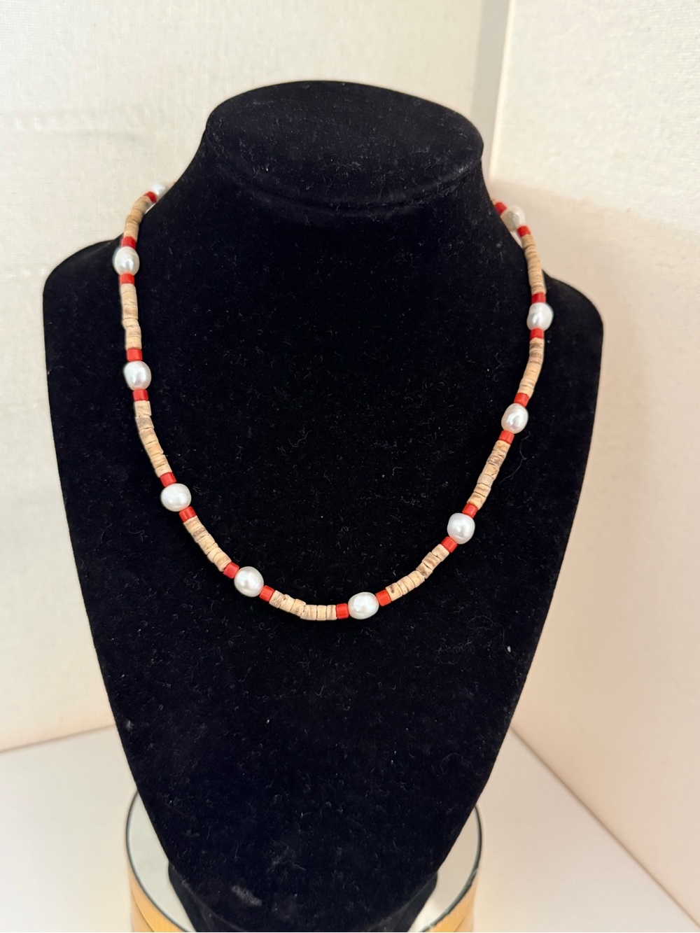 Roxanne Assoulin Authentic Red Enamel Beige & Freshwater Pearl Bead Necklace NEW